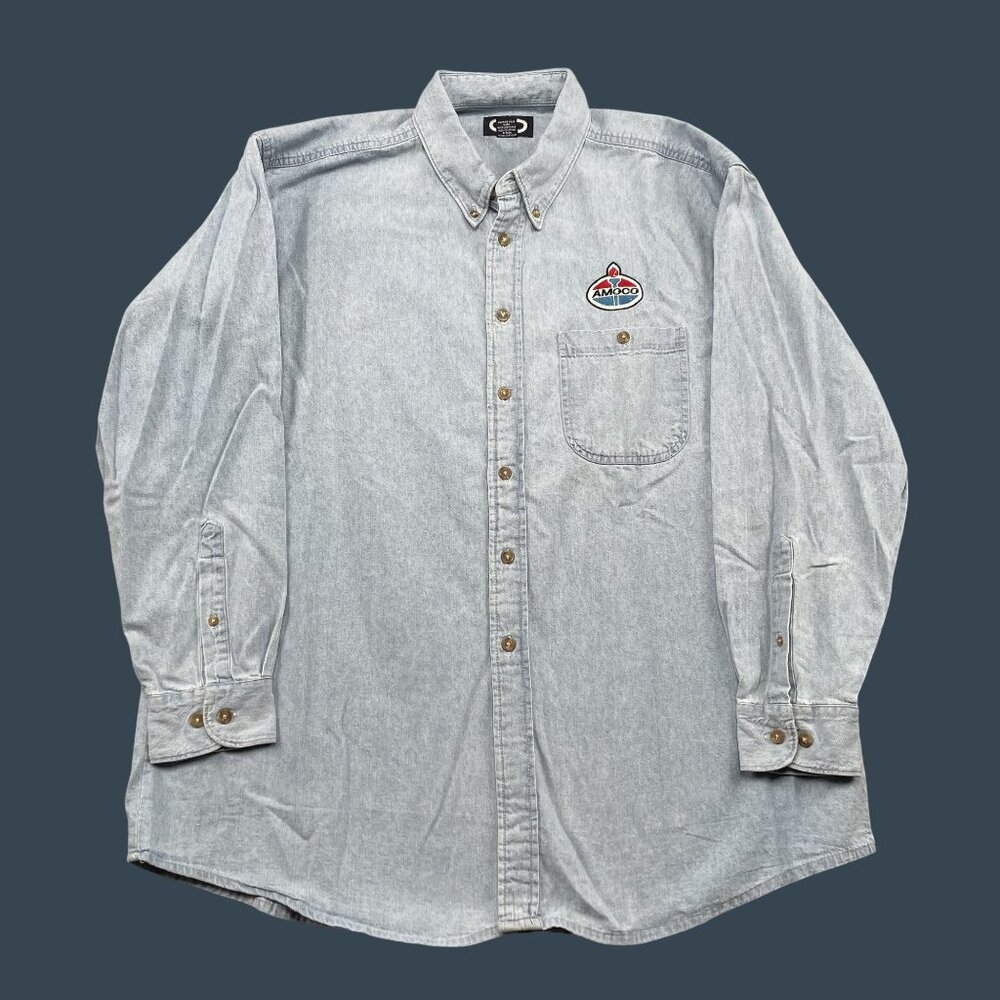 VTG Amoco Button Down Shirt Mens XL Blue Three‎ Rivers 100% Cotton